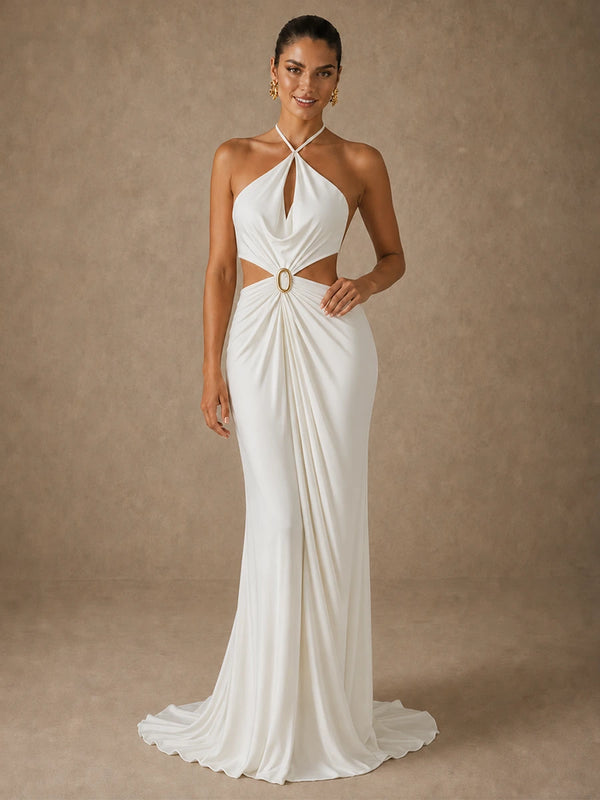 Jovellee Selene ivory chiffon halter maxi dress with waist cutouts and gathered draping shown in motion