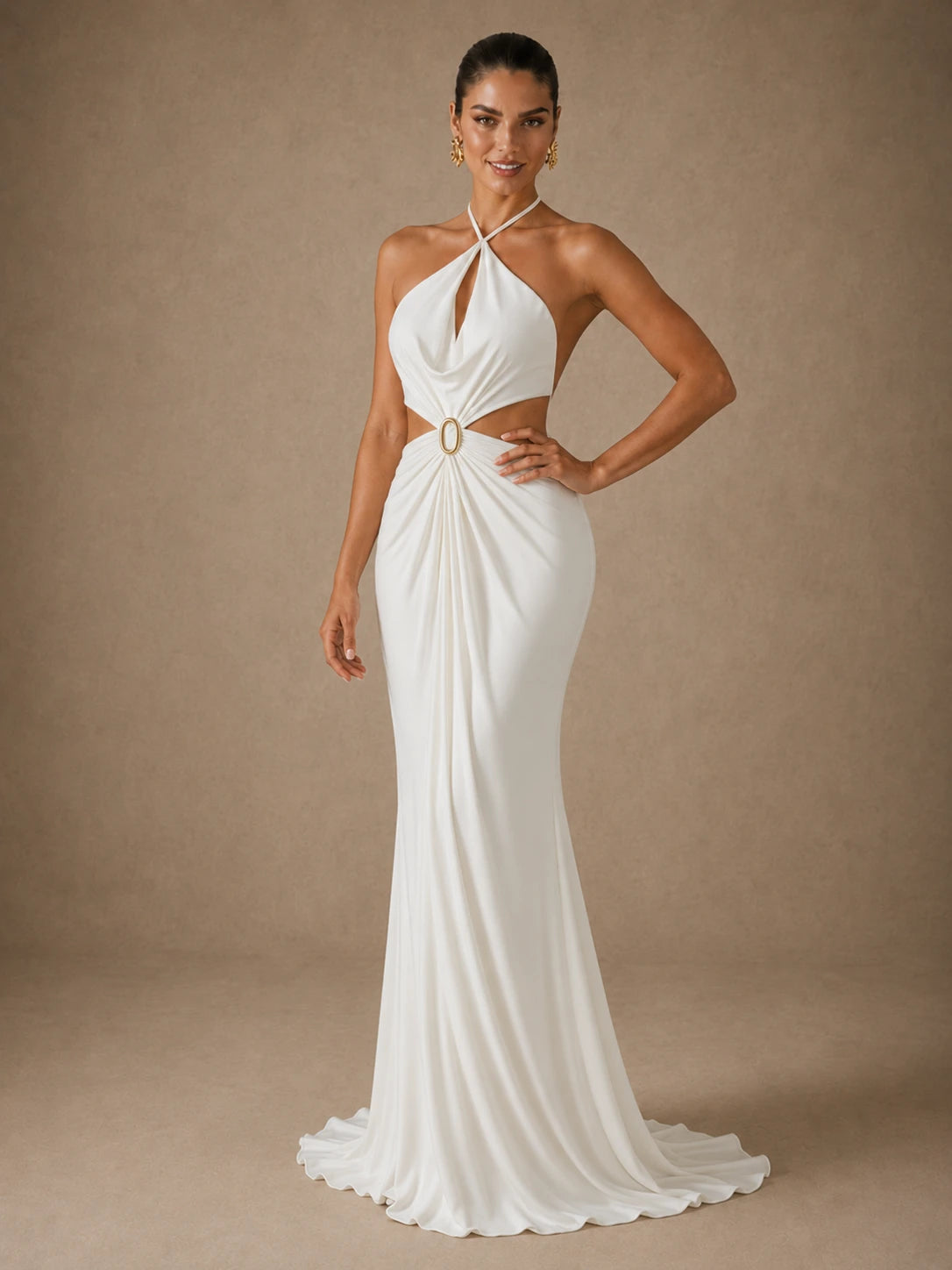 Jovellee Selene ivory chiffon halter cutout maxi dress with gold ring, full-length front view