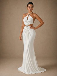 Jovellee Selene ivory chiffon halter cutout maxi dress with gold ring, full-length front view