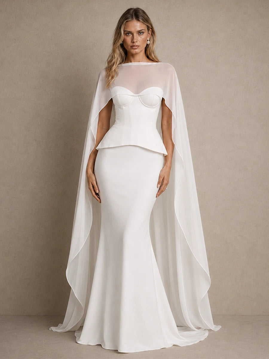 Jovellee Seraphina white corset mermaid wedding dress with a floor-length sheer cape