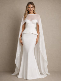 Jovellee Seraphina white corset mermaid wedding dress with a floor-length sheer cape