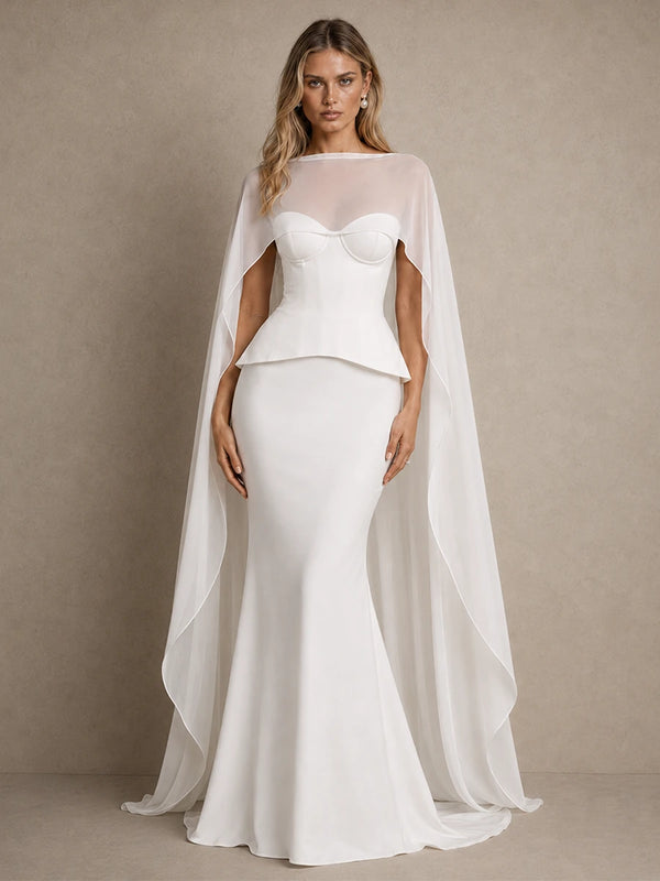 Jovellee Seraphina white corset mermaid wedding dress with a floor-length sheer cape