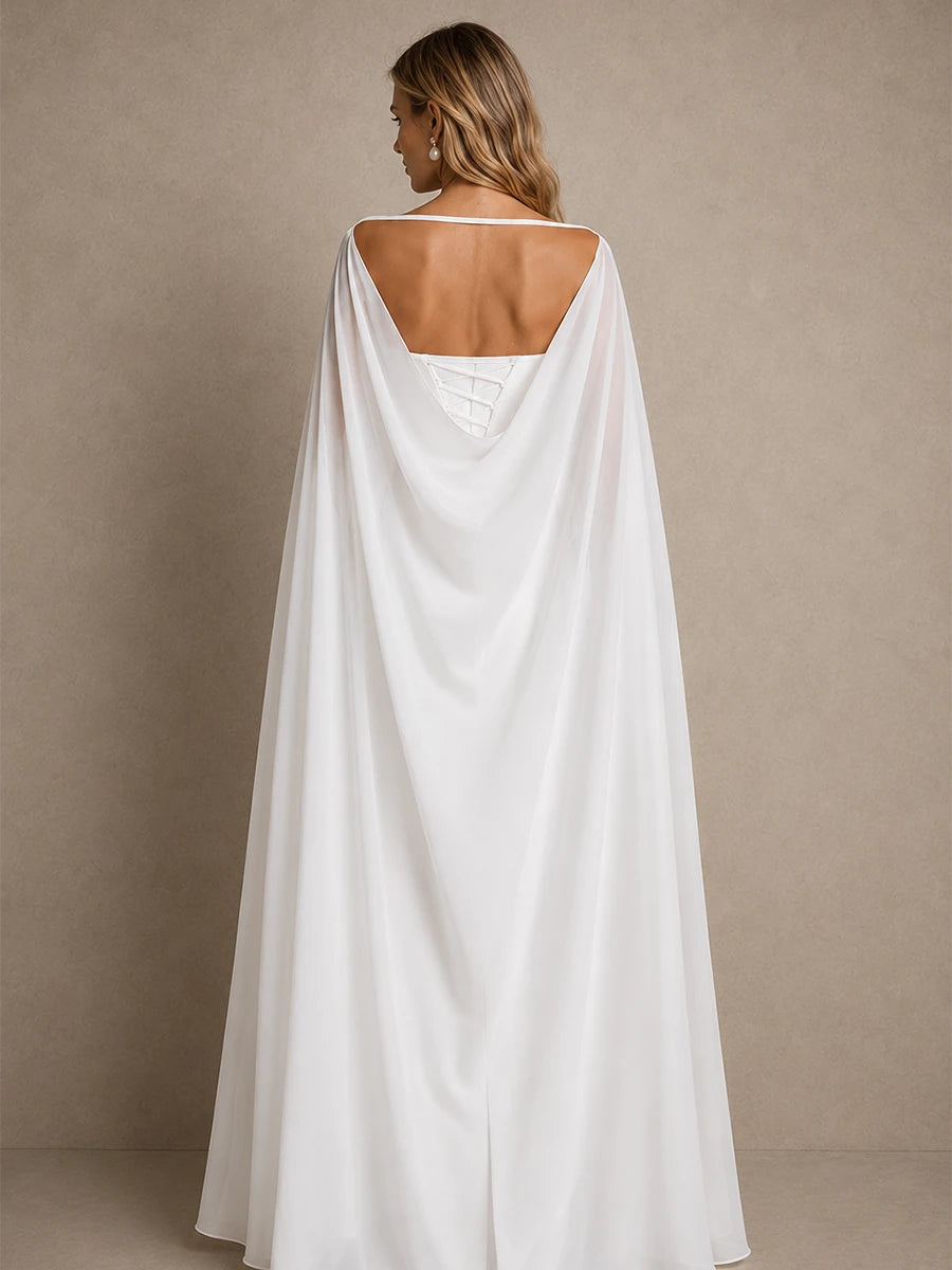 Rear view of Seraphina white wedding dress showing the sheer bridal cape and lace-up corset back