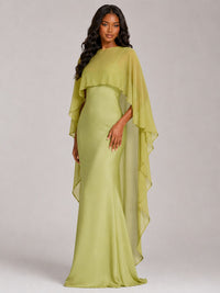Sheer cape detail on Jovellee olive green satin maxi dress