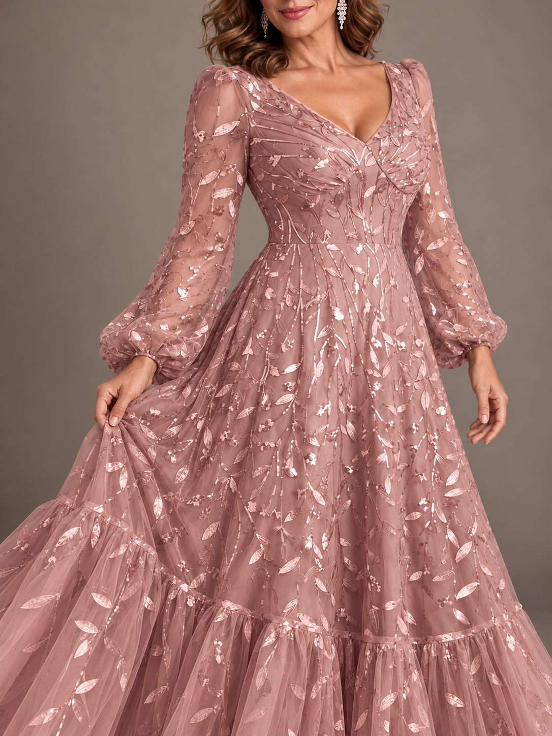 Sheer long puff sleeves on pink formal wedding guest dress
