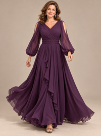 Sheer plum long sleeves with cold-shoulder cutouts and gathered cuffs on formal dress