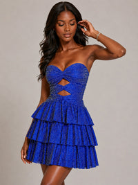 Side view of Jovellee blue sequin tiered ruffle mini dress