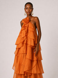 Side view of Jovellee orange chiffon ruffle formal gown