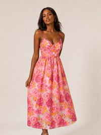 Side view of Jovellee pink floral spaghetti strap A-line dress