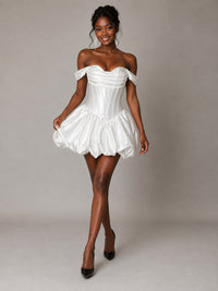 Side view of Jovellee white satin bubble hem mini dress