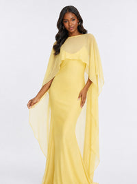 Side view of Jovellee yellow satin fitted formal gown with cape