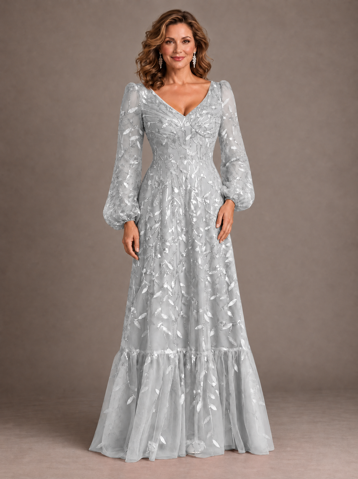Dusty Rose Floral Embroidered A-Line Mother of the Bride Dress with Long Sleeves