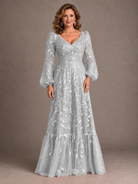 Dusty Rose Floral Embroidered A-Line Mother of the Bride Dress with Long Sleeves