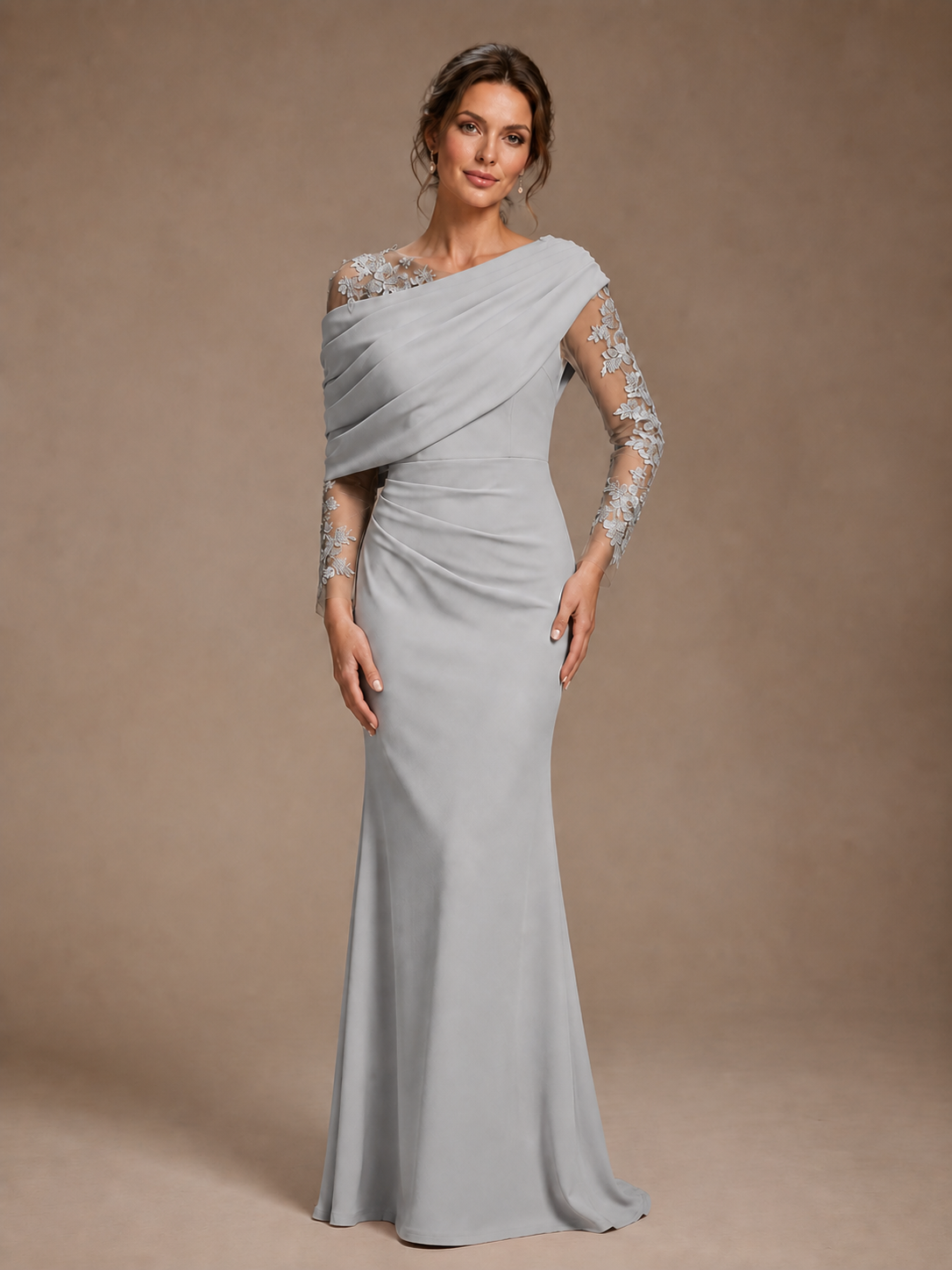 Dusty Rose Illusion Long Sleeve Chiffon Applique Mother of The Bride Dress