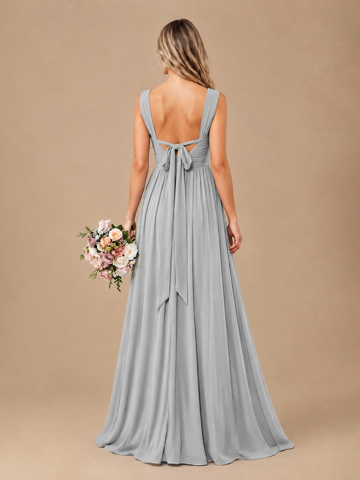 Pleated Chiffon V Neck Wedding Bridesmaid Dresses Floor Length with Slit
