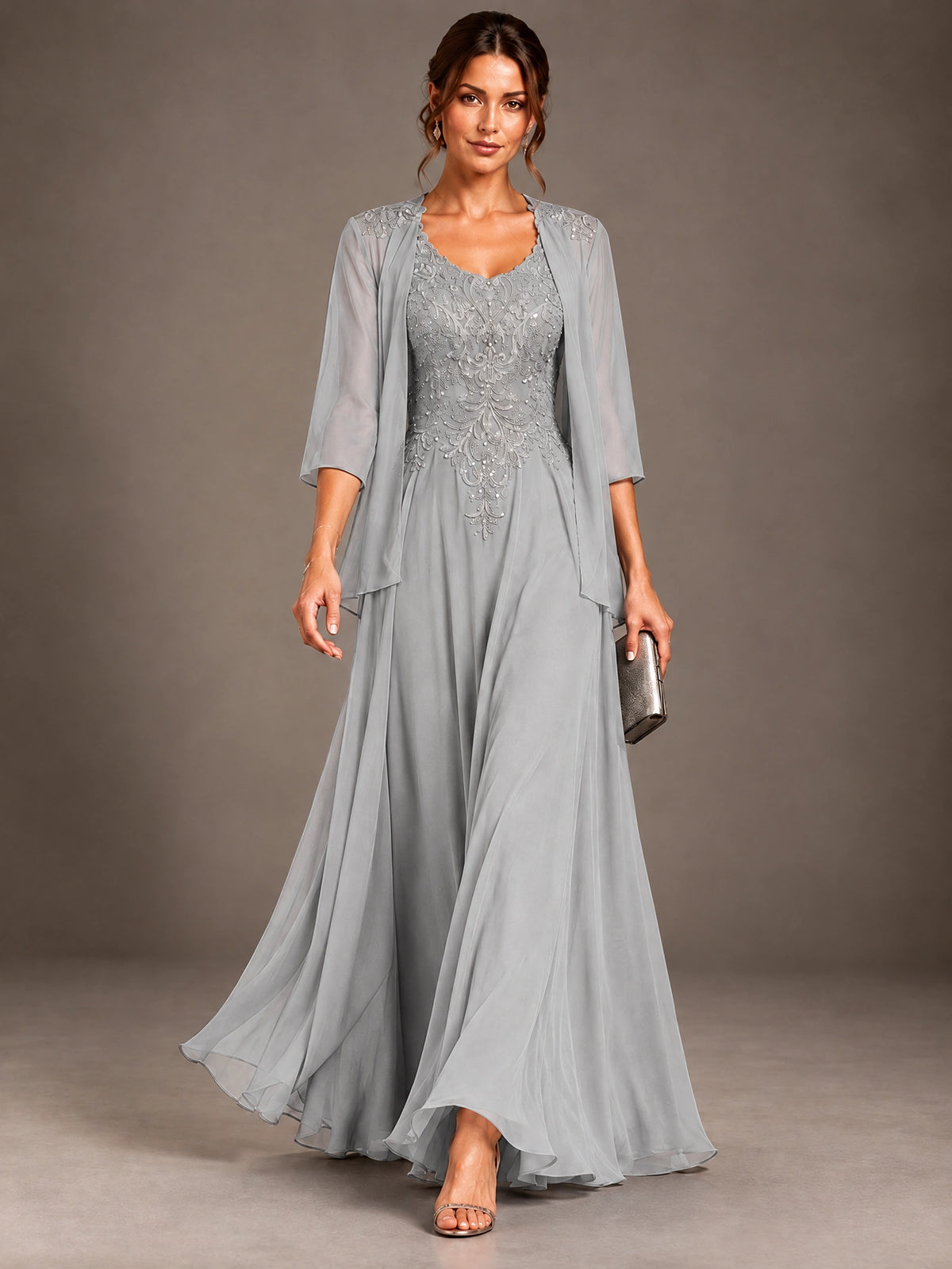A-line 2 Pieces Chiffon Appliques Mother of The Bride Dresses with Jackets