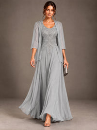 A-line 2 Pieces Chiffon Appliques Mother of The Bride Dresses with Jackets