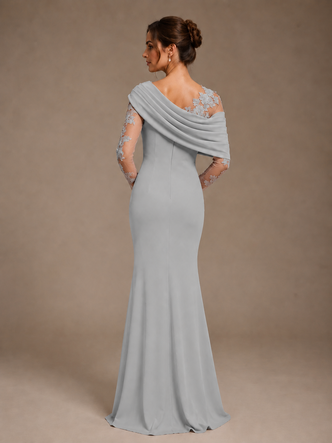 Dusty Rose Illusion Long Sleeve Chiffon Applique Mother of The Bride Dress