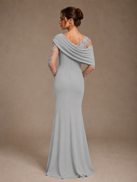 Dusty Rose Illusion Long Sleeve Chiffon Applique Mother of The Bride Dress
