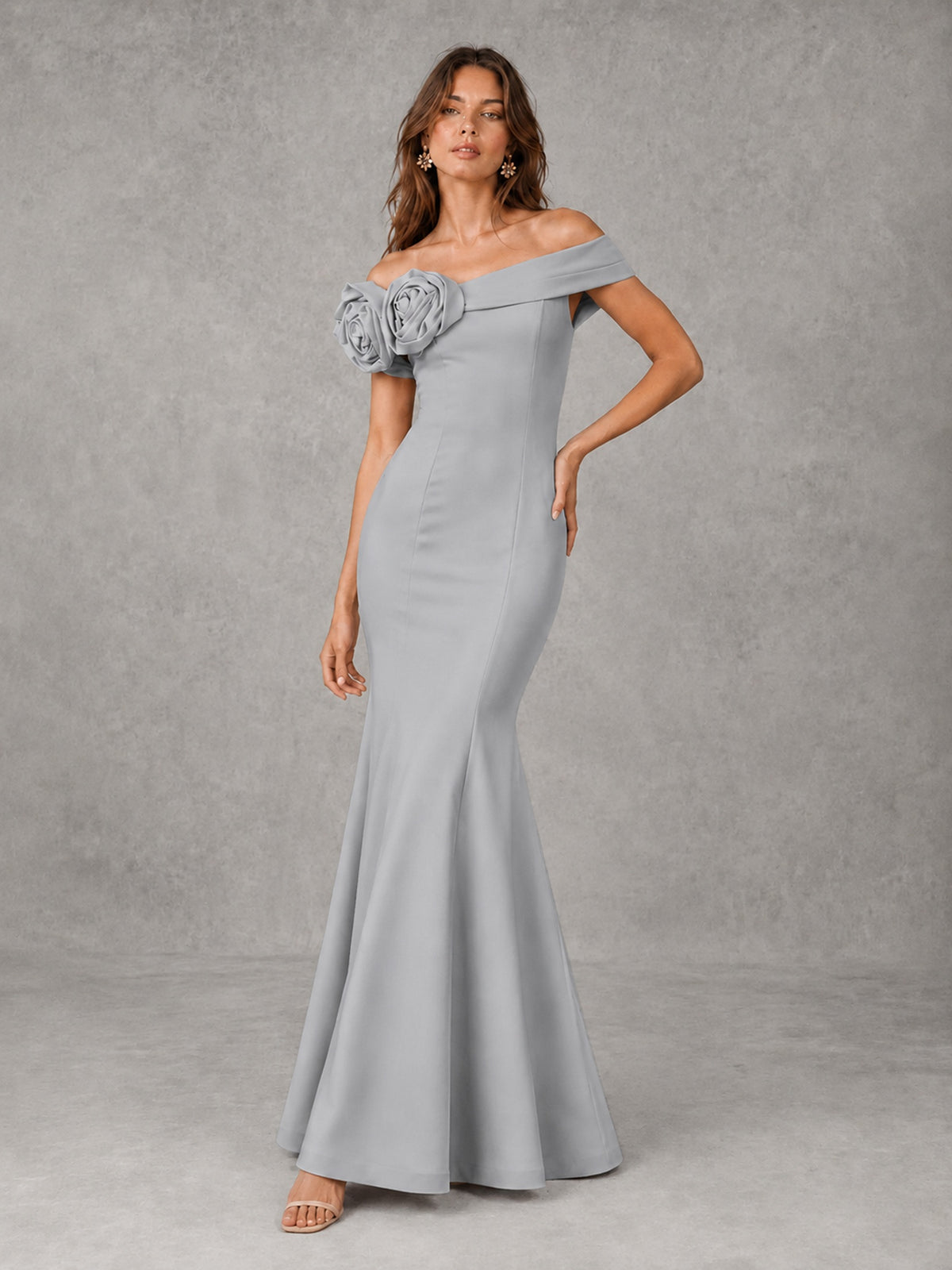 Blush Pink Off Shoulder Mermaid Bridesmaid Dress with Floral Rosette