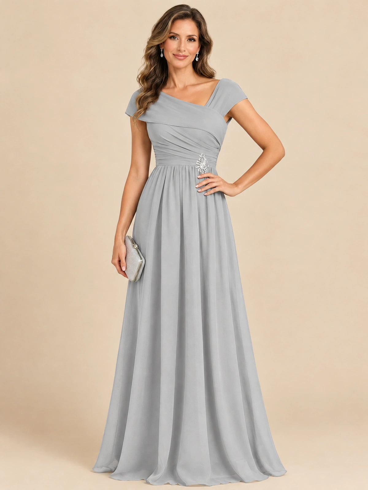 Cap Sleeve Mother of The Bride Dresses Long Chiffon Formal Gowns