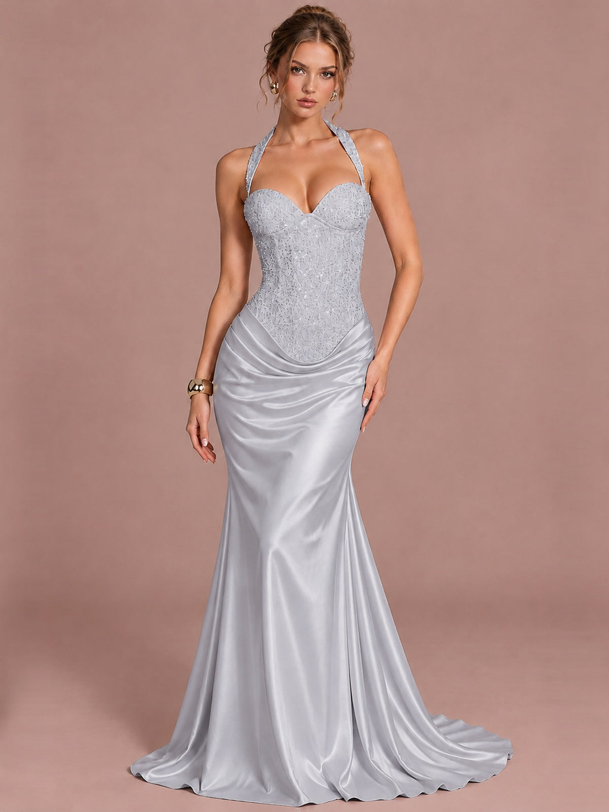 Silver Sparkling Halter Corset Satin Mermaid Prom Dress Long Ruched Sequin Formal Gown Evening Party Dress
