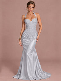 Silver Sparkling Halter Corset Satin Mermaid Prom Dress Long Ruched Sequin Formal Gown Evening Party Dress