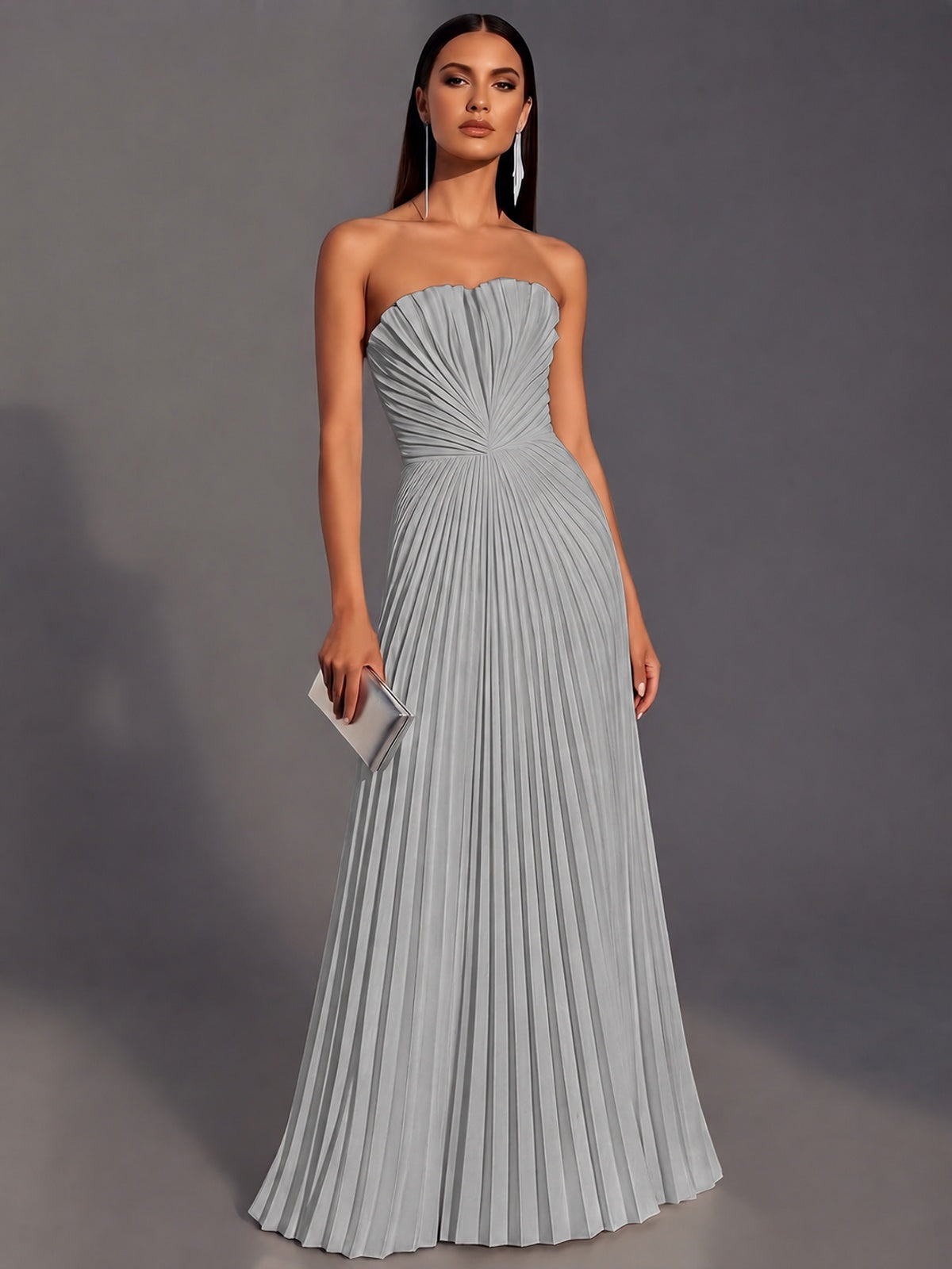 Silver Strapless Pleated Satin Prom Dress Long Formal Gown Evening Dress