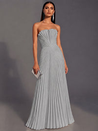 Silver Strapless Pleated Satin Prom Dress Long Formal Gown Evening Dress
