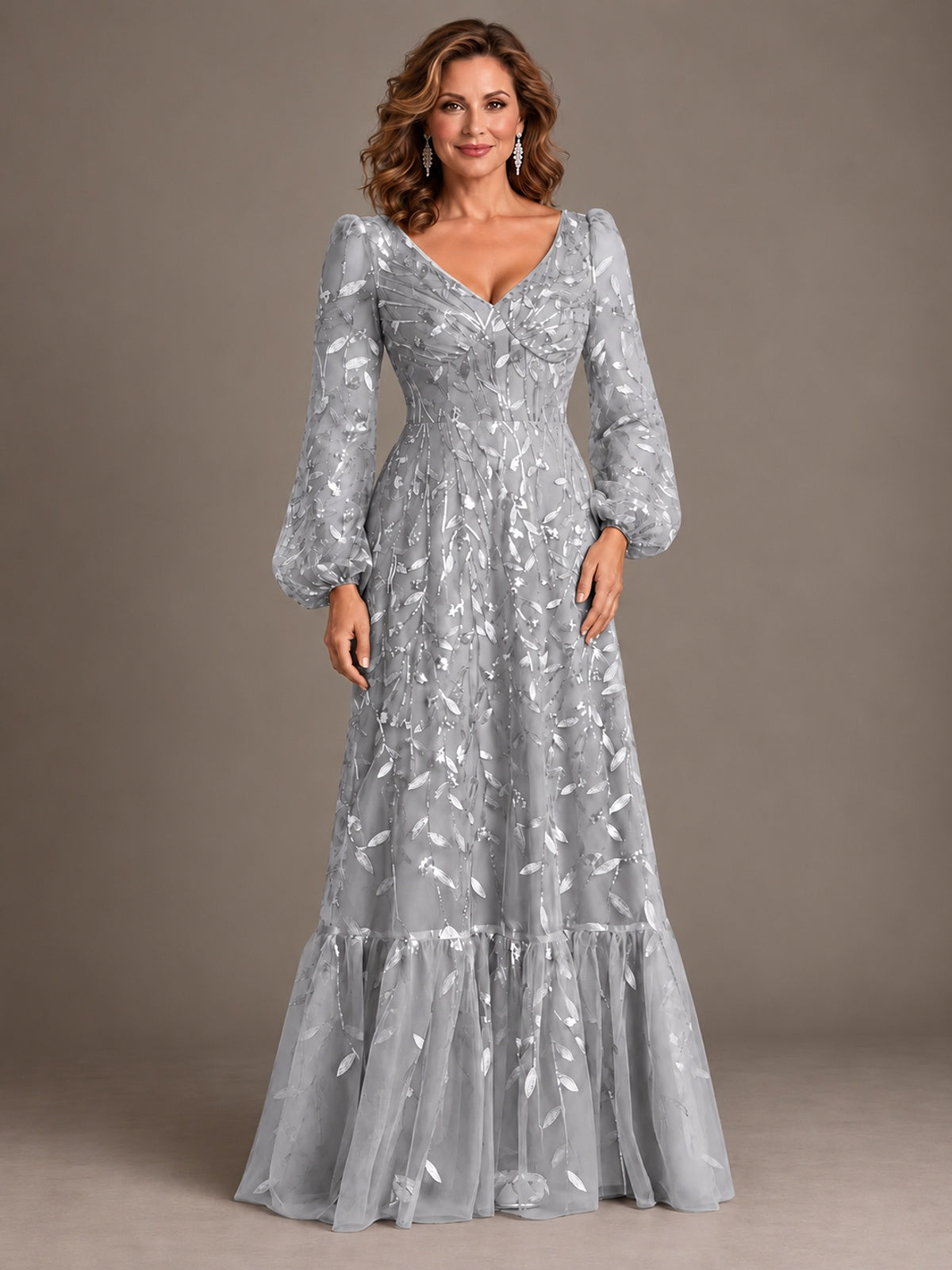 Floral Sequin Embroidered A-Line Mother of the Bride Dress with Long Sleeves