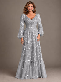 Floral Sequin Embroidered A-Line Mother of the Bride Dress with Long Sleeves