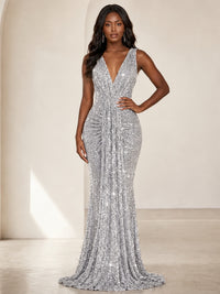 Sequin Mermaid Prom Dress with V-Neck and Ruched Waist