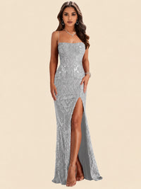 Sequin Lace Appliques Mermaid Prom Dress Spaghetti Strap Formal Gowns with Slit