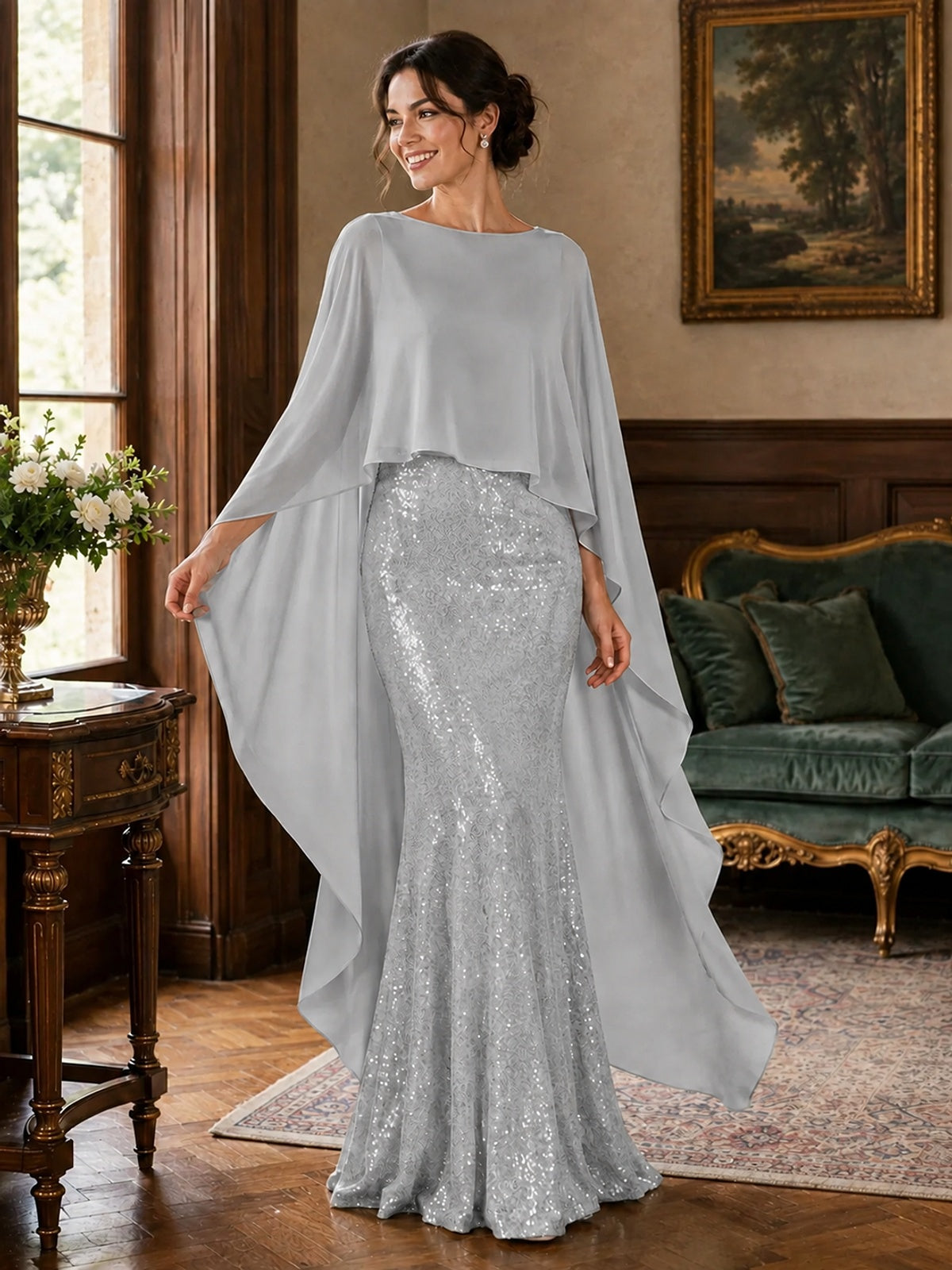 Sequin 2 Pieces Mother of the Bride Dress with Cap Sleeves Chiffon Formal Gowns