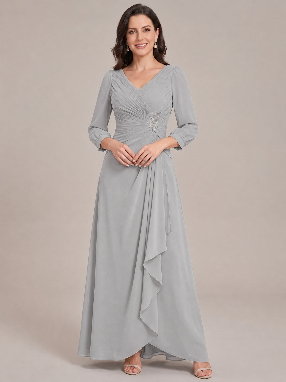 Silver-Long Sleeve Chiffon Beaded Mother of The Bride Dresses for Women