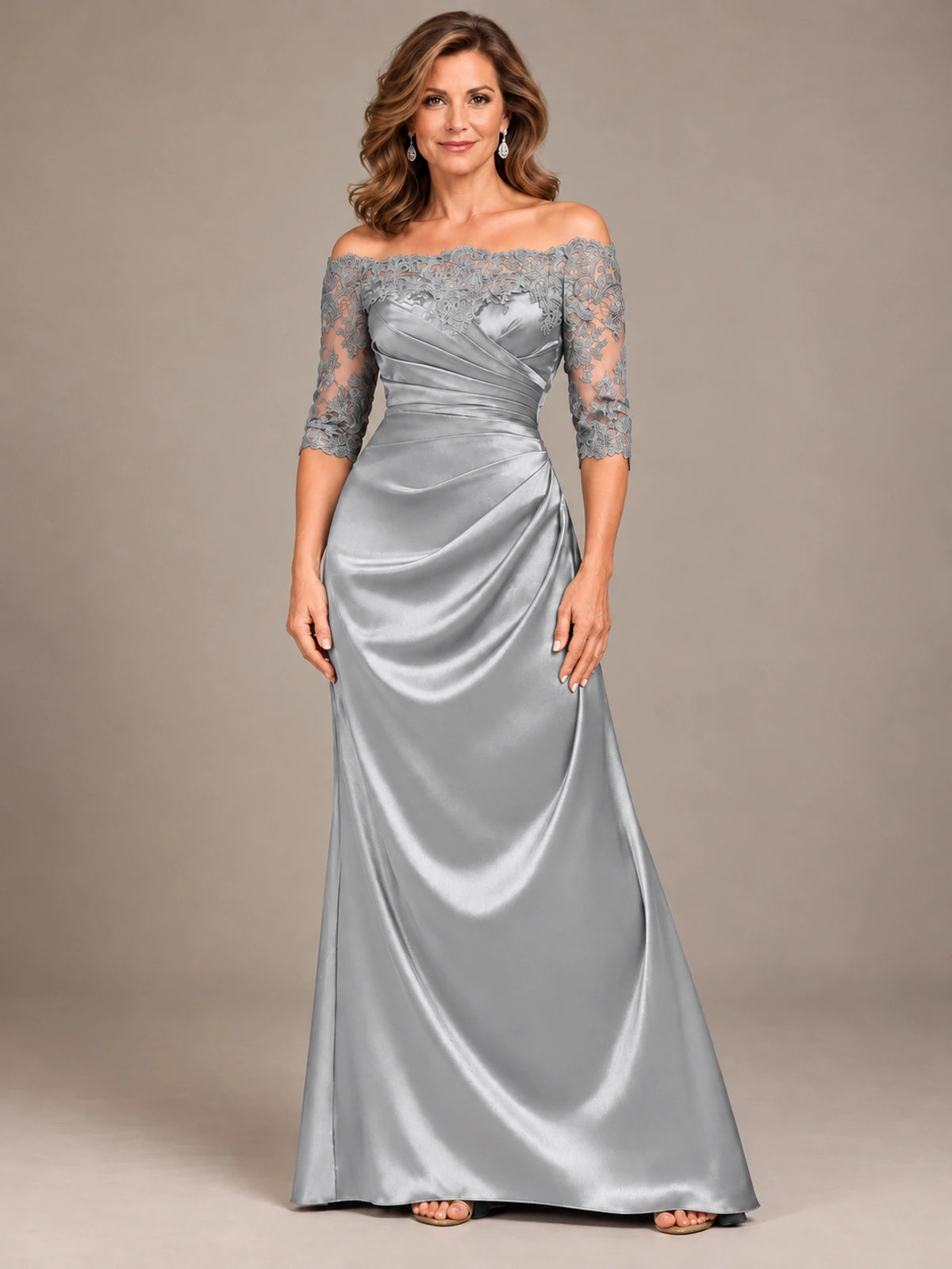Satin Mother of the Bride Dress with Lace Sleeves Off Shoulder Formal Gown