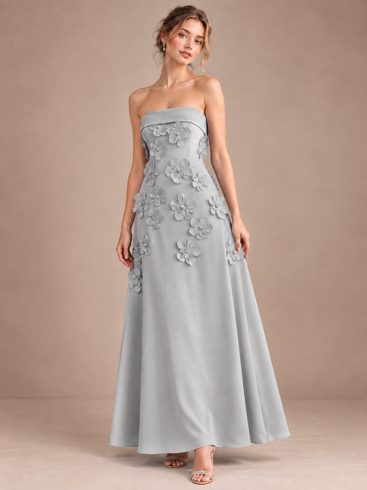 Silver Strapless 3D Floral Appliques Maxi Dress