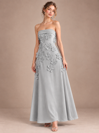 Silver Strapless 3D Floral Appliques Maxi Dress