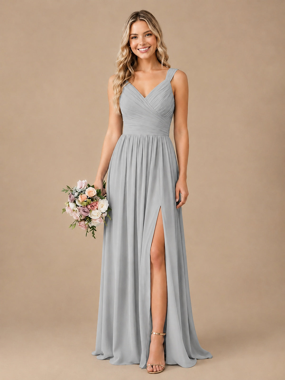 Pleated Chiffon V Neck Wedding Bridesmaid Dresses Floor Length with Slit