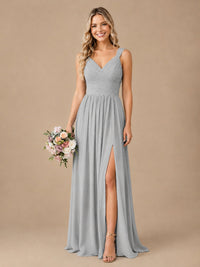 Pleated Chiffon V Neck Wedding Bridesmaid Dresses Floor Length with Slit