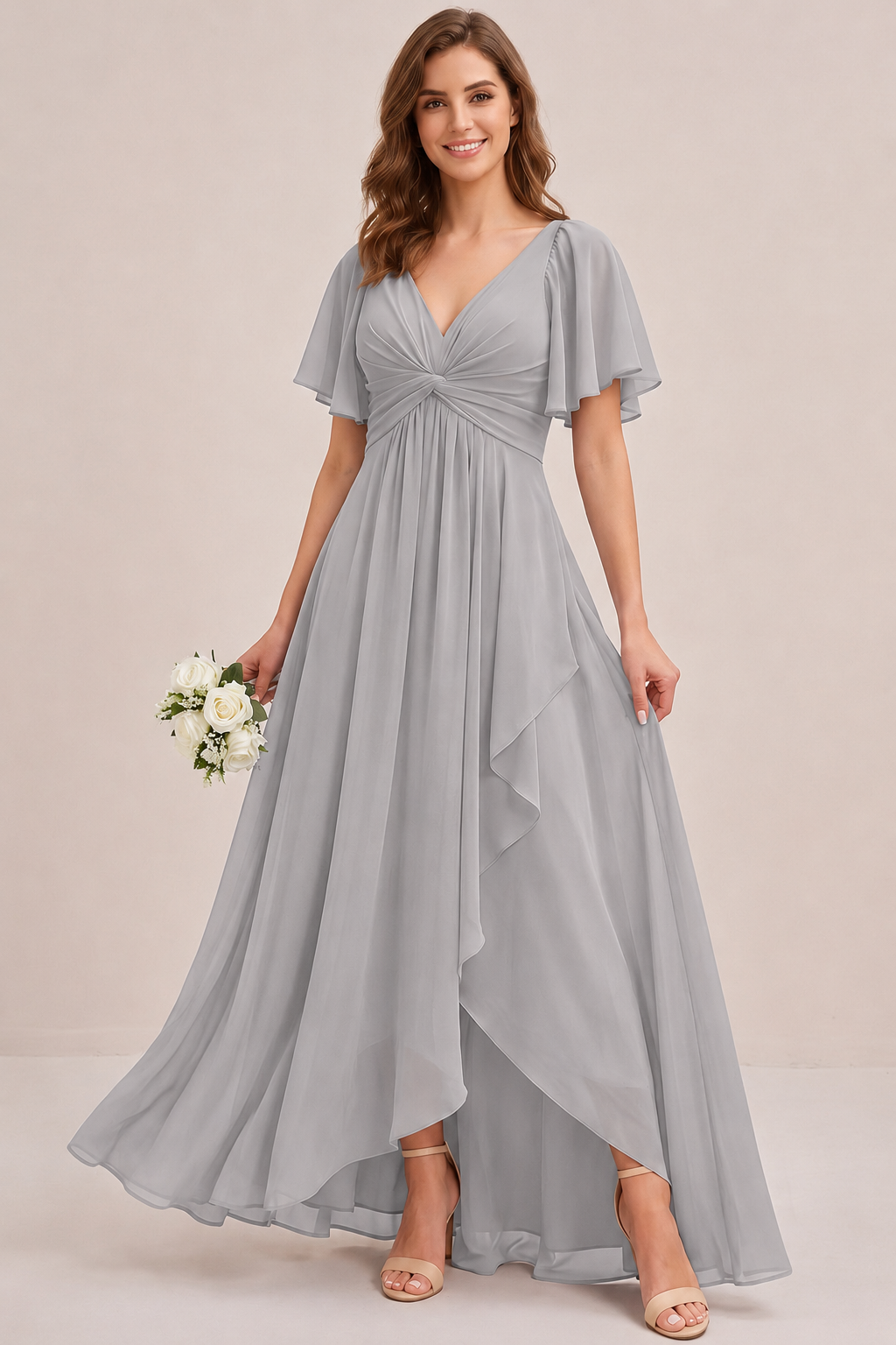 Dusty Blue Chiffon Bridesmaid Dress with Flutter Sleeves & High-Low Hem
