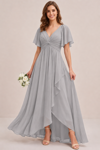 Dusty Blue Chiffon Bridesmaid Dress with Flutter Sleeves & High-Low Hem