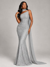 Pleated Chiffon Lace Prom Dresses Long Bodycon Mermaid with Scarf