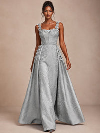 Light Blue 3D Floral Jacquard Prom Dress with Detachable Overskirt Corset Gown