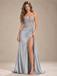 Mermaid Satin Prom Dress with Floral Appliqué Corset and High Slit
