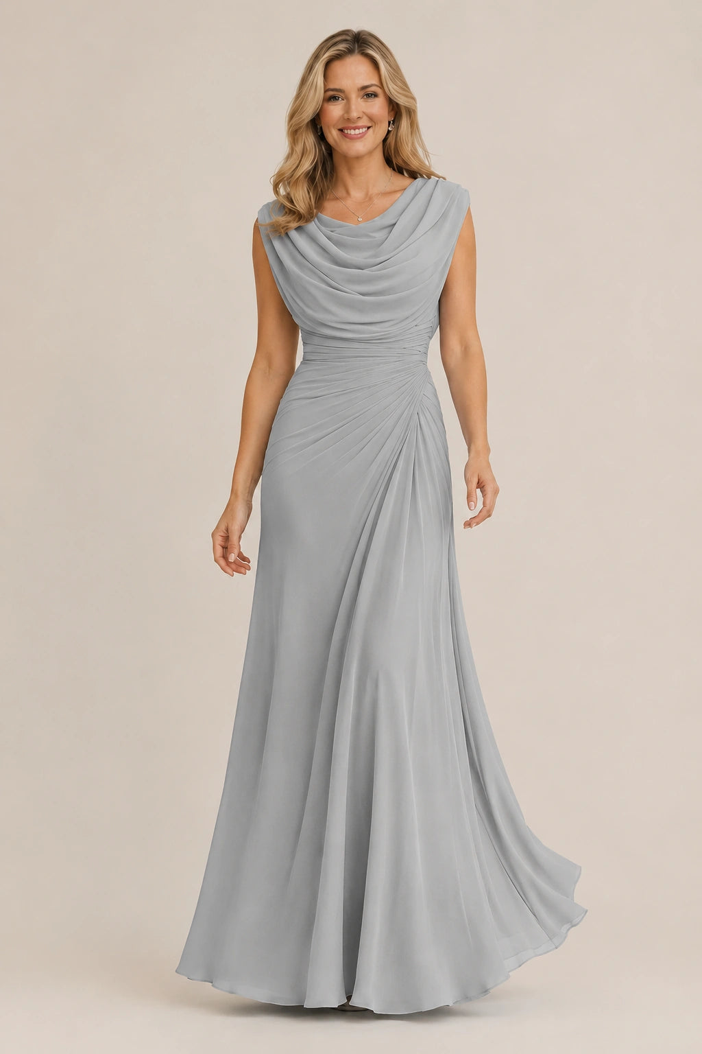 Cowl Neck Ruched Chiffon Mother of the Bride Dress