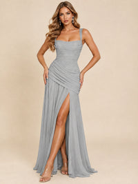 Wrap Pleated Prom Dress Scoop Neck with Slit Women Wedding Formal Dress