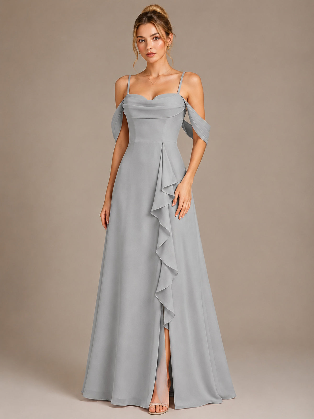 Spaghetti Strap Chiffon Bridesmaid Dress with Ruffles Slit