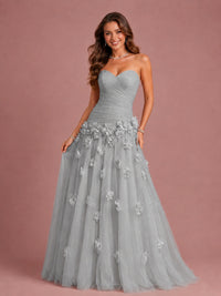 Blush Pink Strapless Sweetheart 3D Floral Tulle Ball Gown Prom Dres