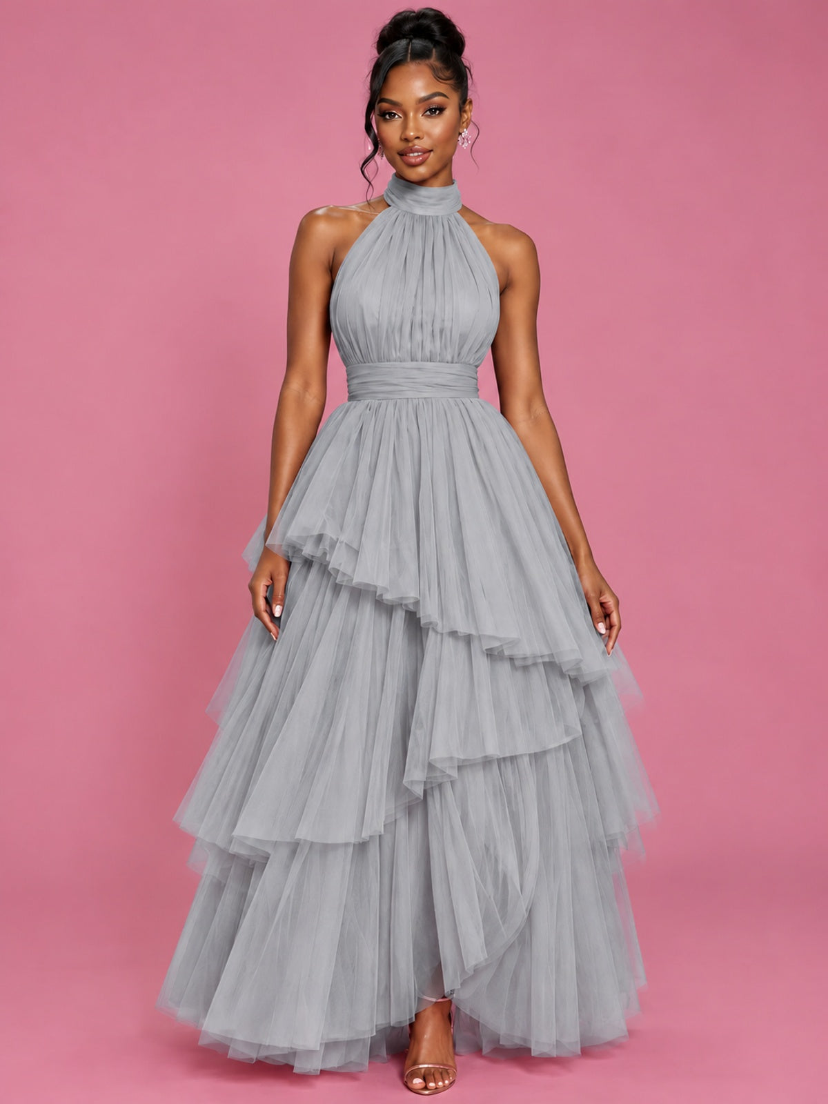 Hot Pink Tulle Halter Neck Tiered Ruffle Maxi Dress